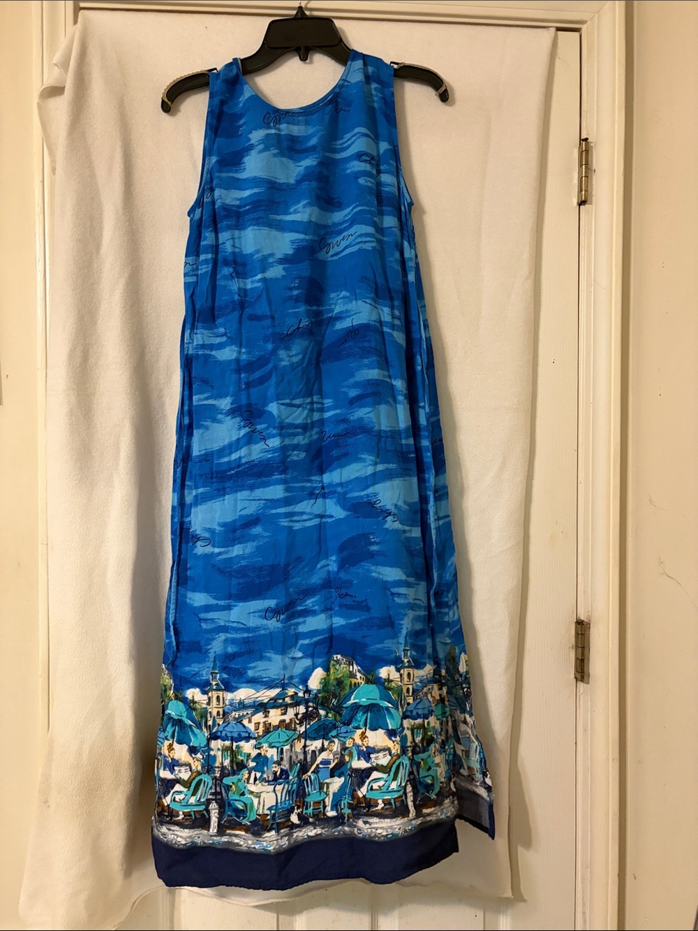 💫 Blue Scenic Border Maxi Dress — Sleeveless Summer Shift